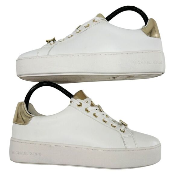 Michael Kors Poppy Metallic Gold Trim White Sneakers Size 8 - Picture 5 of 10